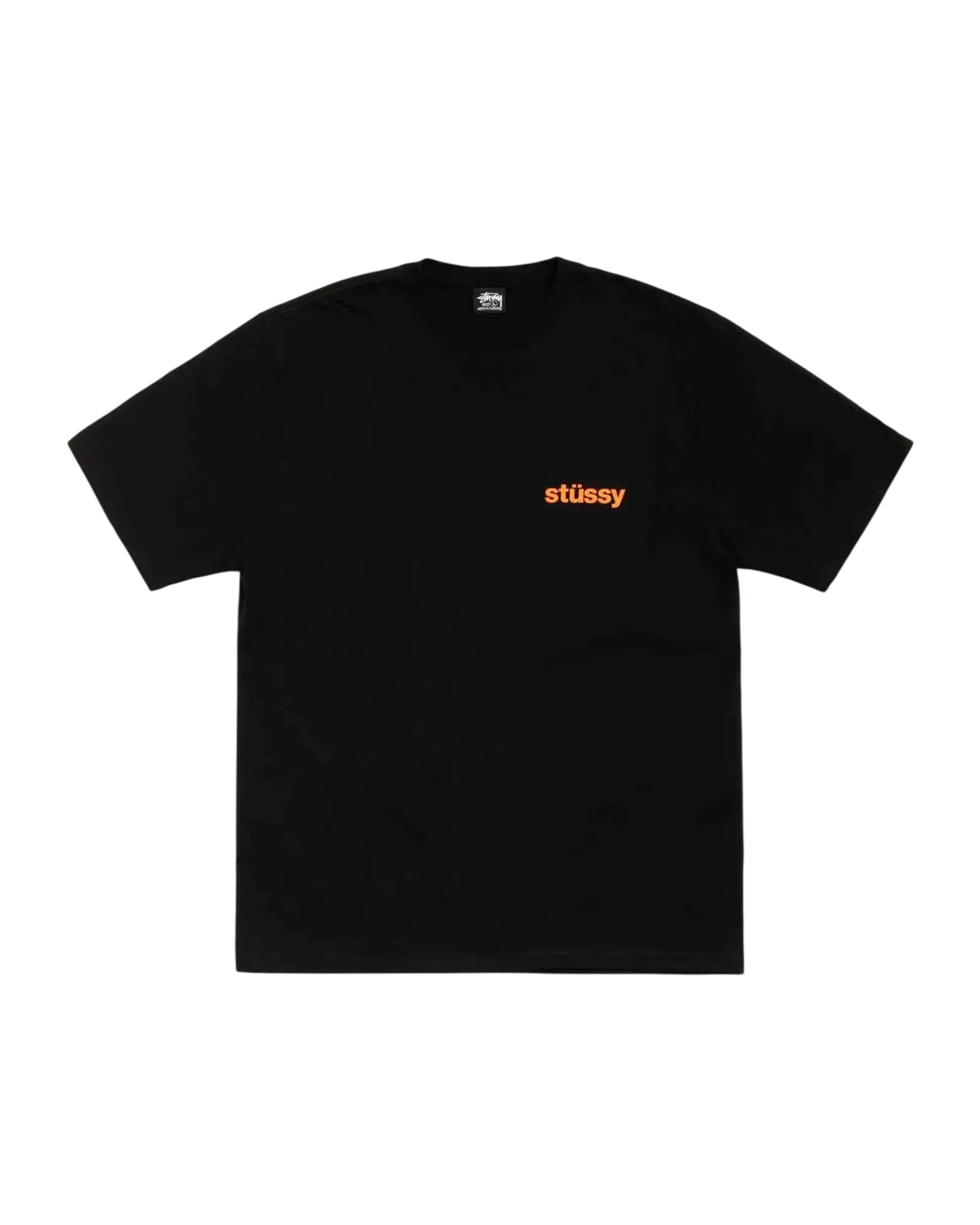 Black stussy built tough tee made of cotton with orange stussy logo on the chest for casual wear