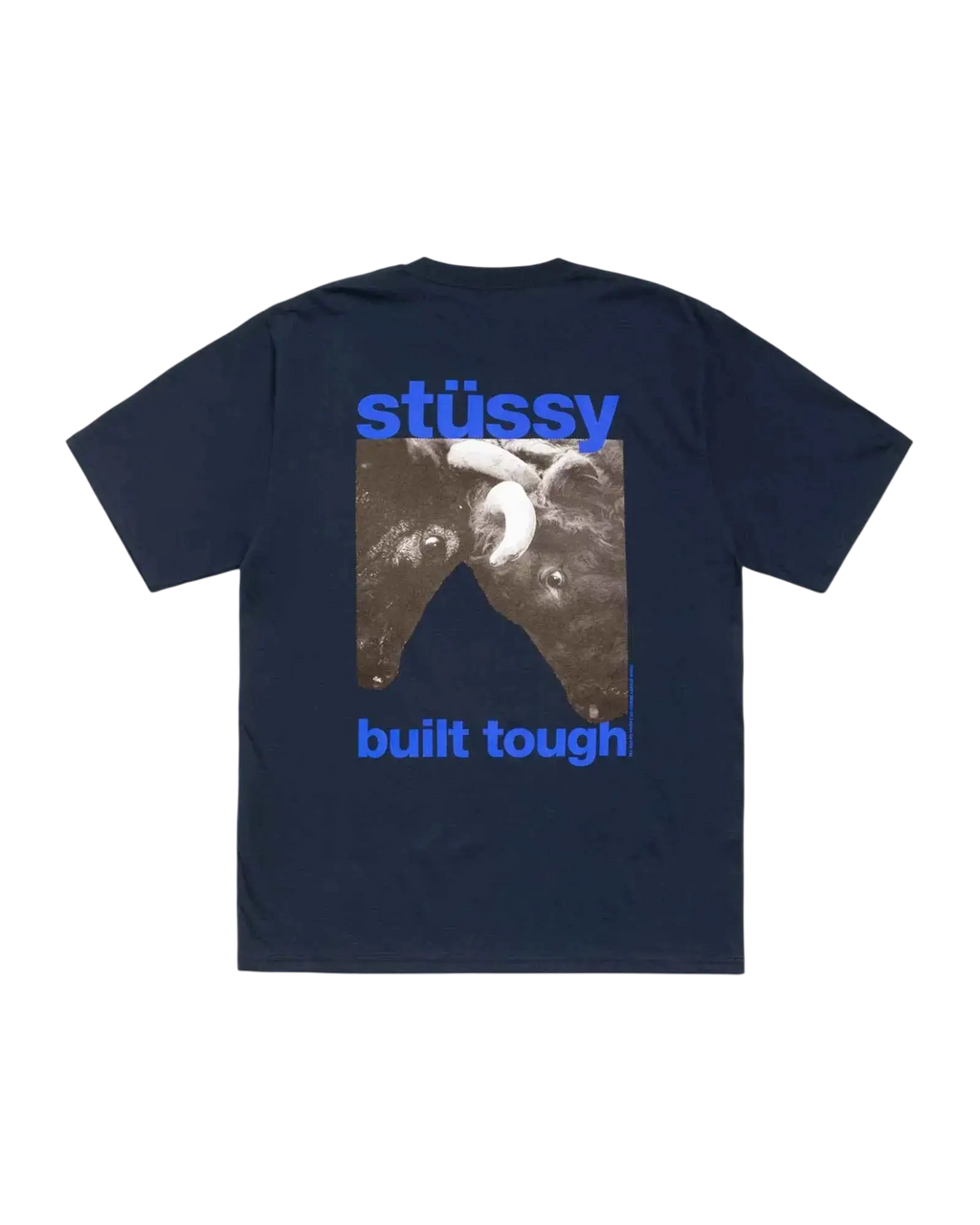 Navy blue stussy built tough tee with black and white bull head graphic and bold blue stussy logo on front