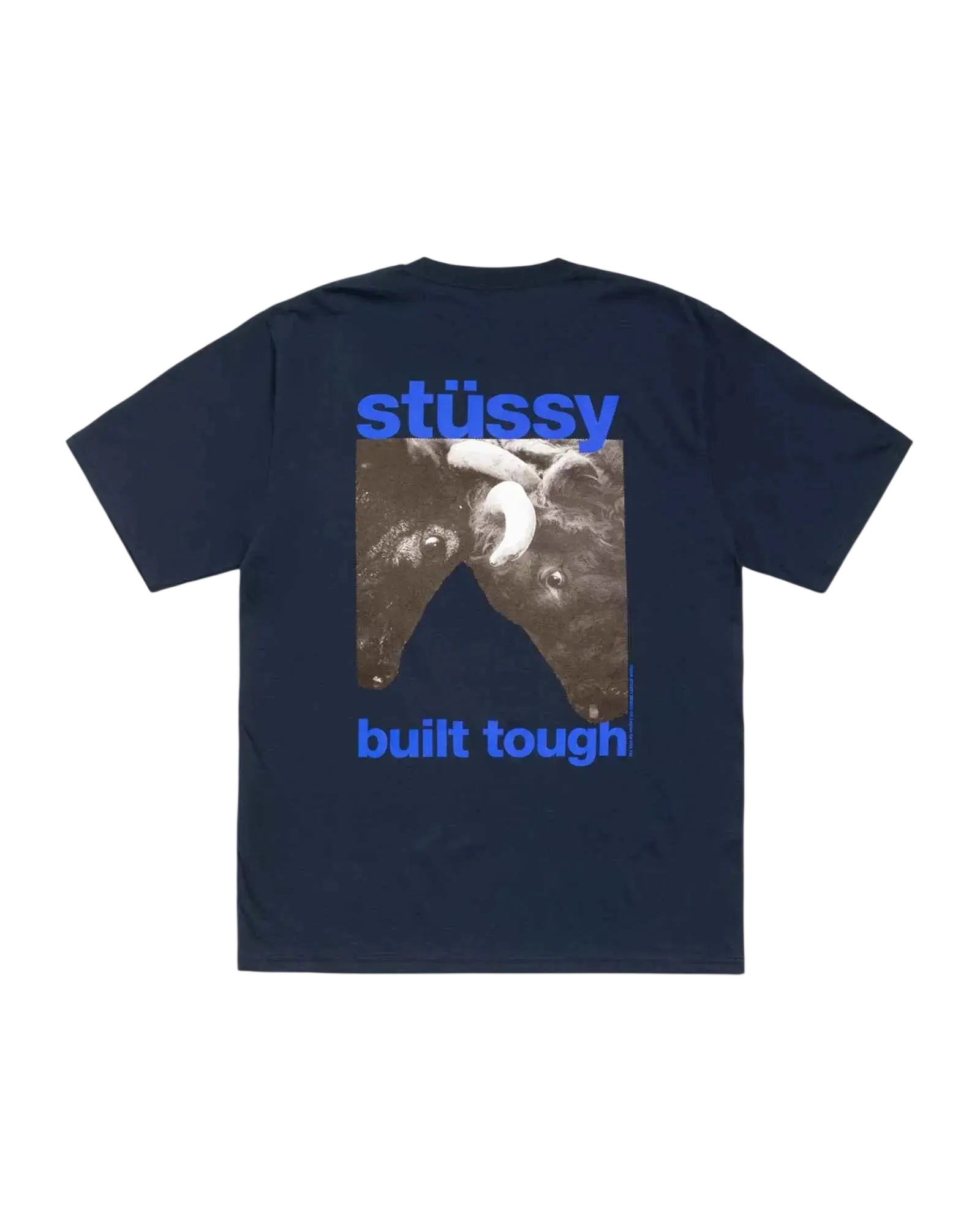 Navy blue stussy built tough tee with black and white bull head graphic and bold blue stussy logo on front
