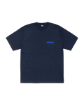 Dark blue stussy built tough tee navy with a small light blue embroidered logo on the chest in cotton fabric