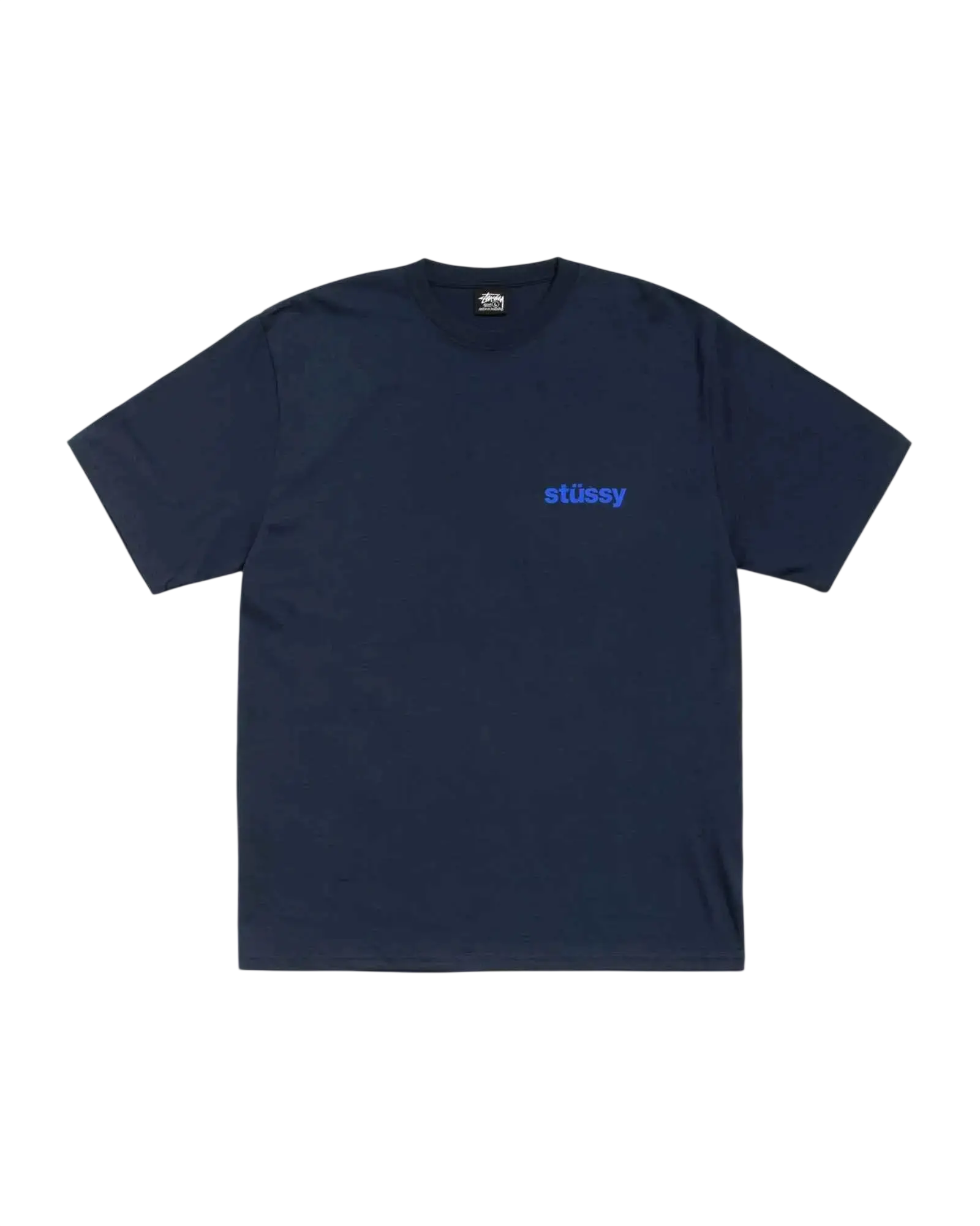 Dark blue stussy built tough tee navy with a small light blue embroidered logo on the chest in cotton fabric