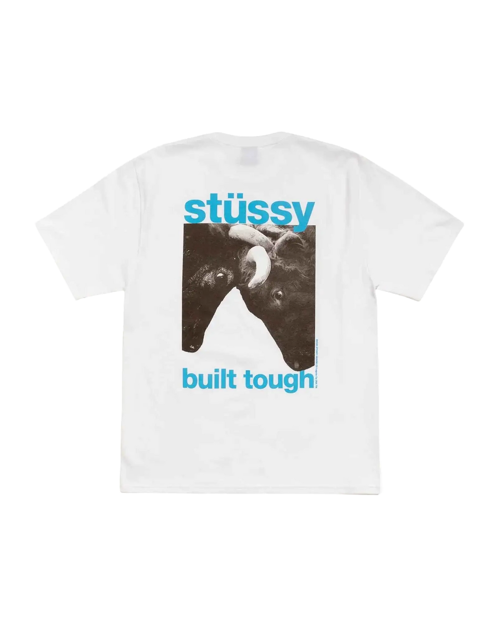 White stussy built tough tee featuring a black and white graphic of two cow heads with teal brand name and text