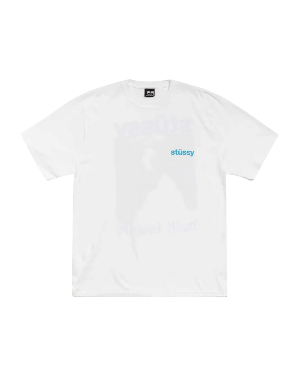 White stussy built tough tee with light blue embroidered logo on the chest made from soft cotton material