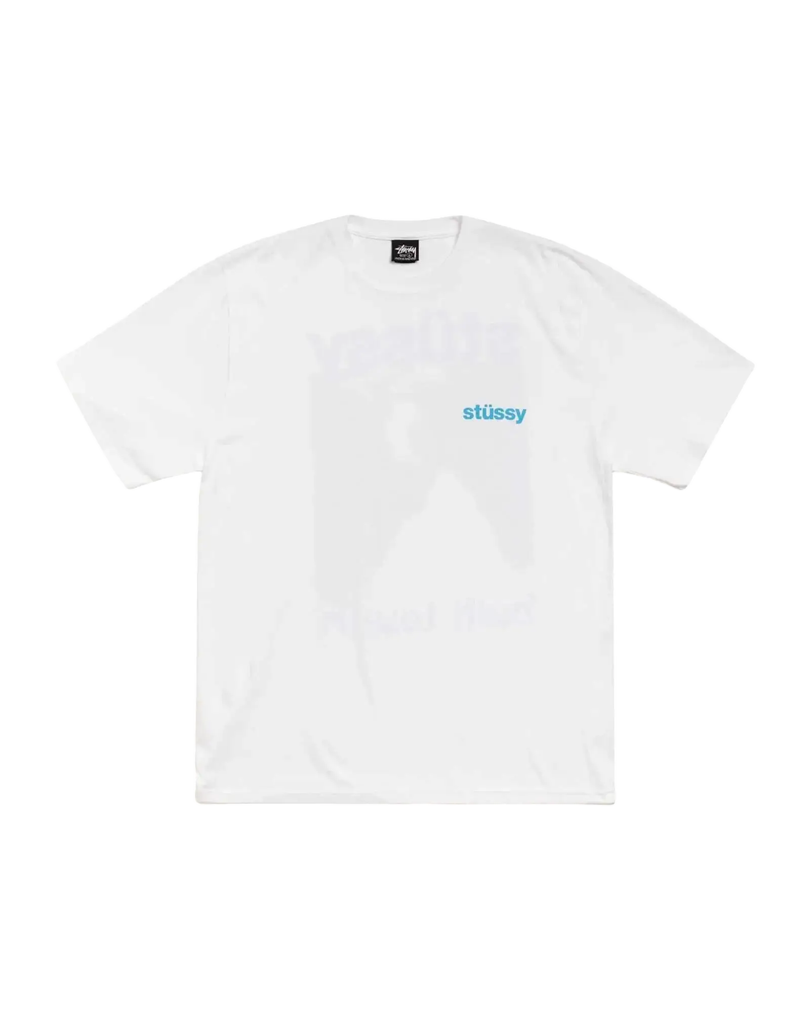 White stussy built tough tee with light blue embroidered logo on the chest made from soft cotton material