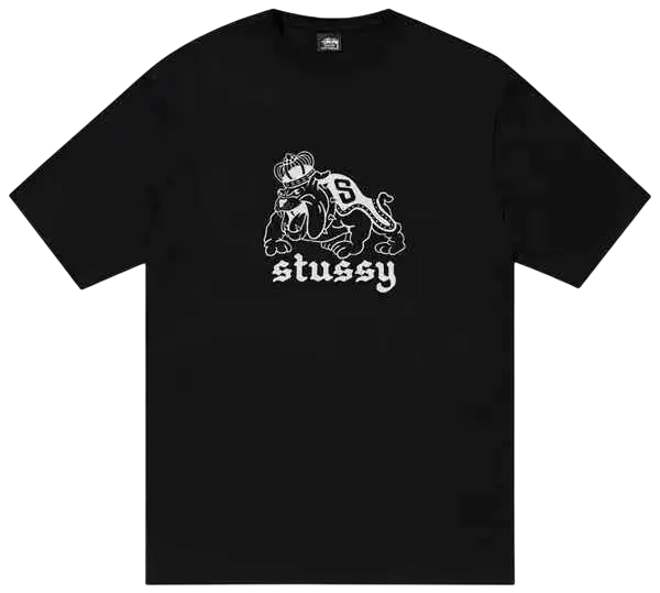 Black Stussy Bulldog tee featuring a white graphic of a crowned bulldog with the number 6 and brand name below