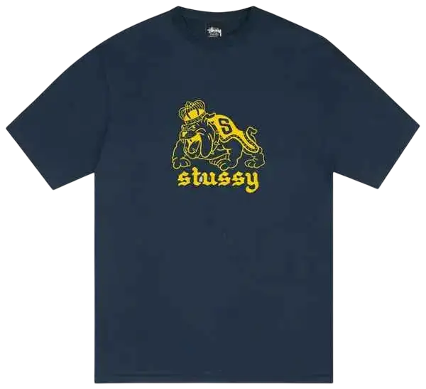 Navy stussy bulldog tee featuring a bold yellow crowned bulldog graphic with number 6 and brand name below