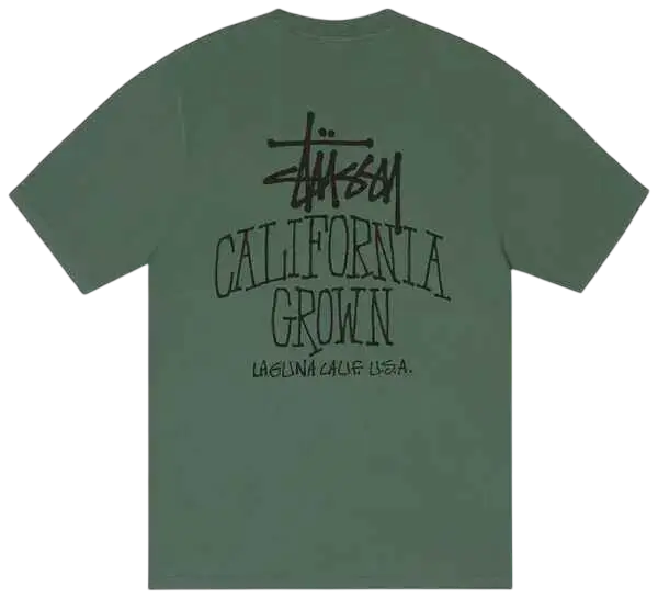 A light green stussy cali grown tee pine featuring a black california grown graphic with laguna calif text on front