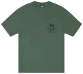 A muted sage green stussy cali grown tee pine with a small chest pocket and california logo in dark gray