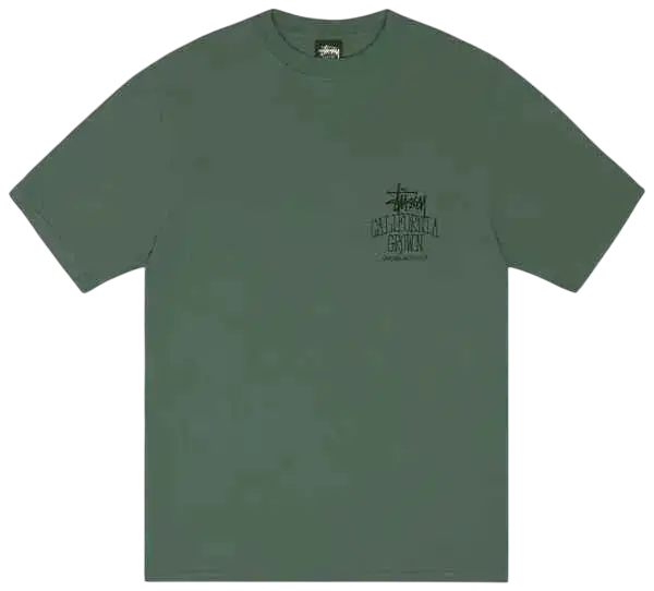 A muted sage green stussy cali grown tee pine with a small chest pocket and california logo in dark gray