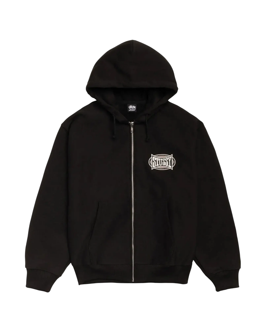 Black Stussy Champion oval zip-up hoodie with white embroidered logo on chest, made from soft cotton blend