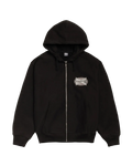 Black Stussy Champion oval zip-up hoodie with white embroidered logo on chest, made from soft cotton blend