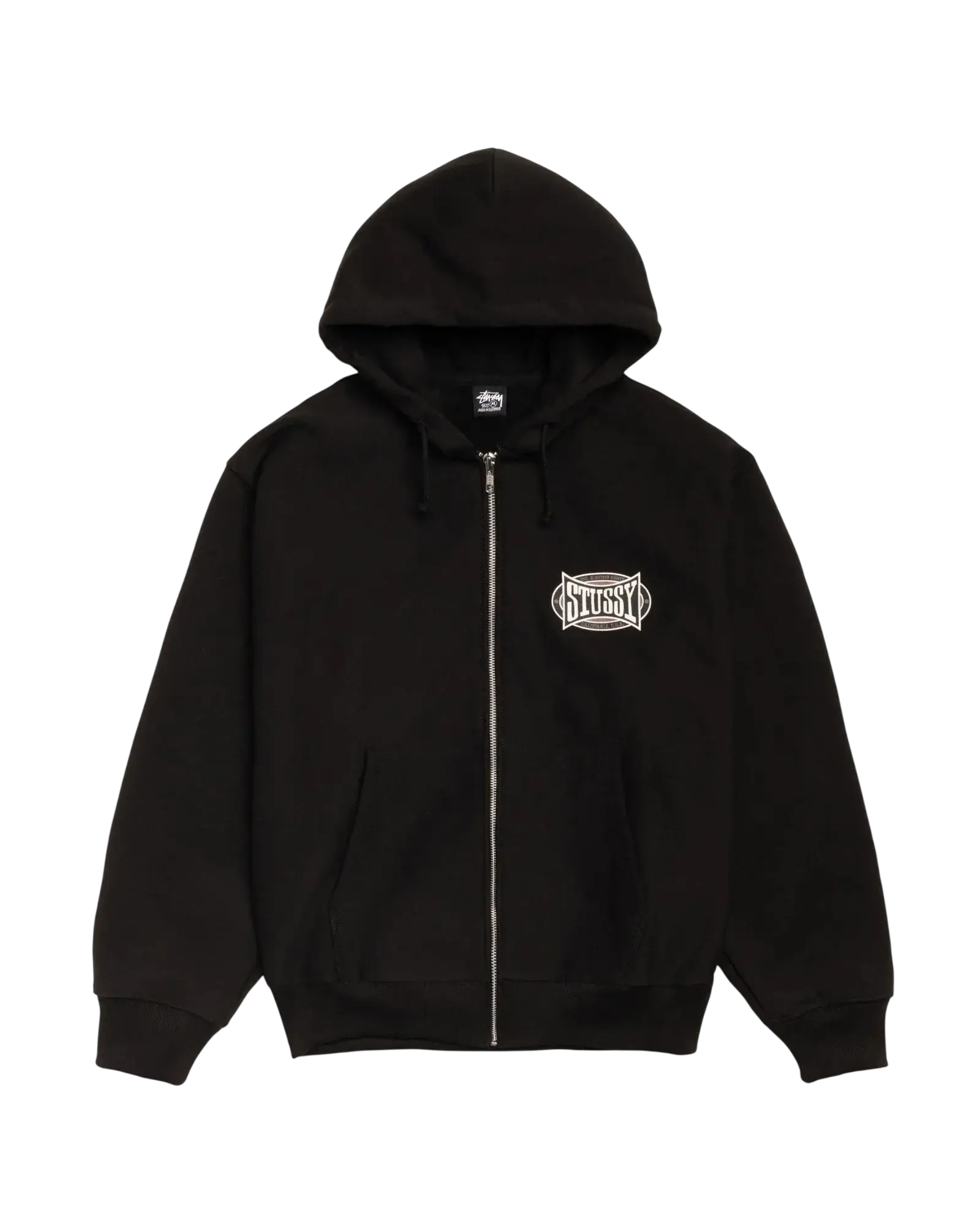 Black Stussy Champion oval zip-up hoodie with white embroidered logo on chest, made from soft cotton blend