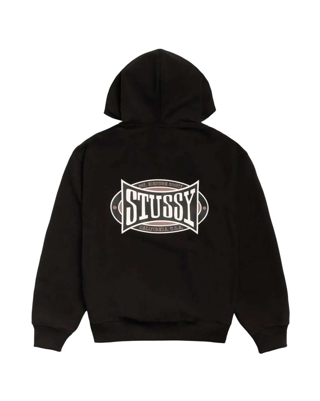 Black stussy champion oval zip-up hoodie back view with white embroidered logo on soft cotton fabric