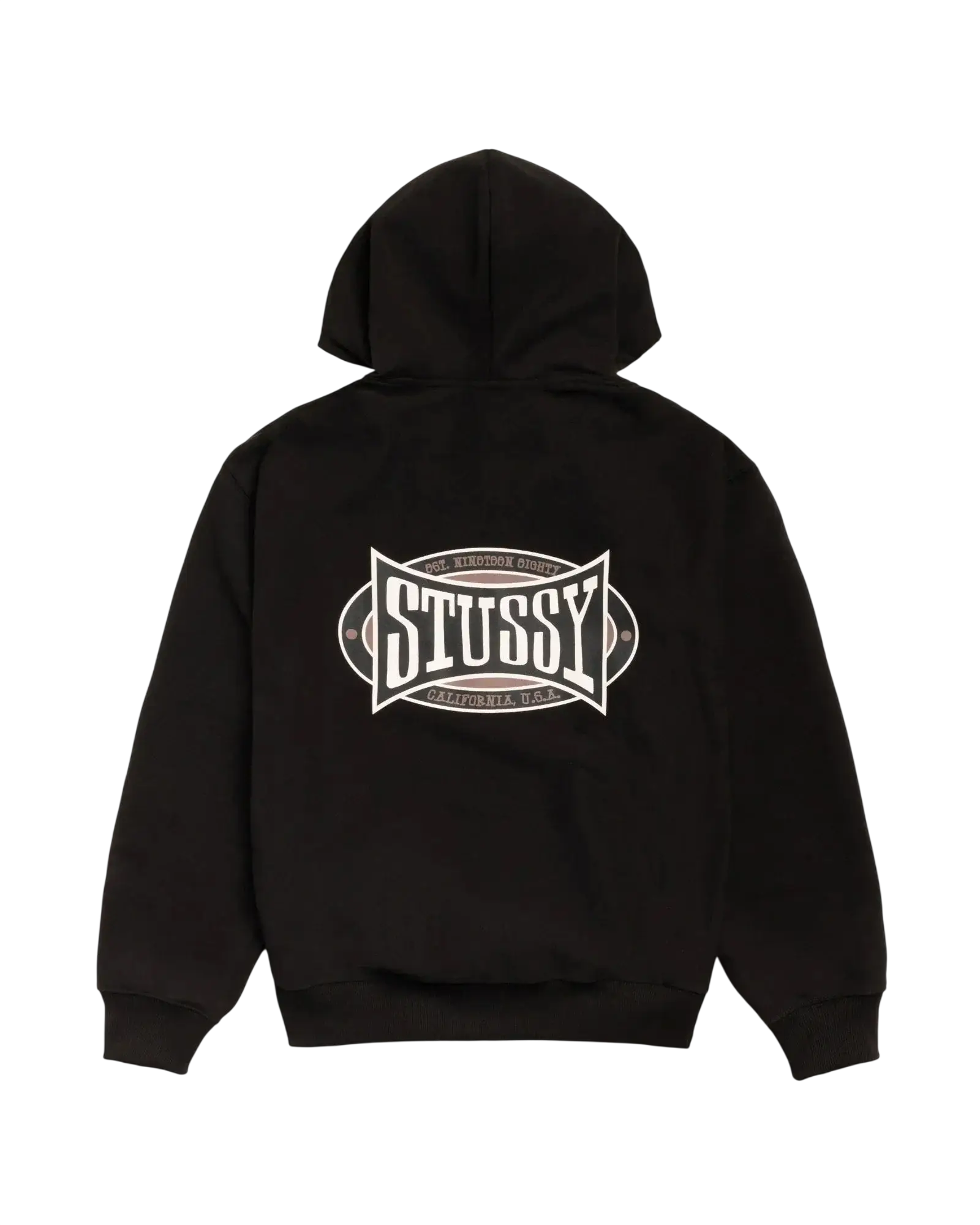 Black stussy champion oval zip-up hoodie back view with white embroidered logo on soft cotton fabric