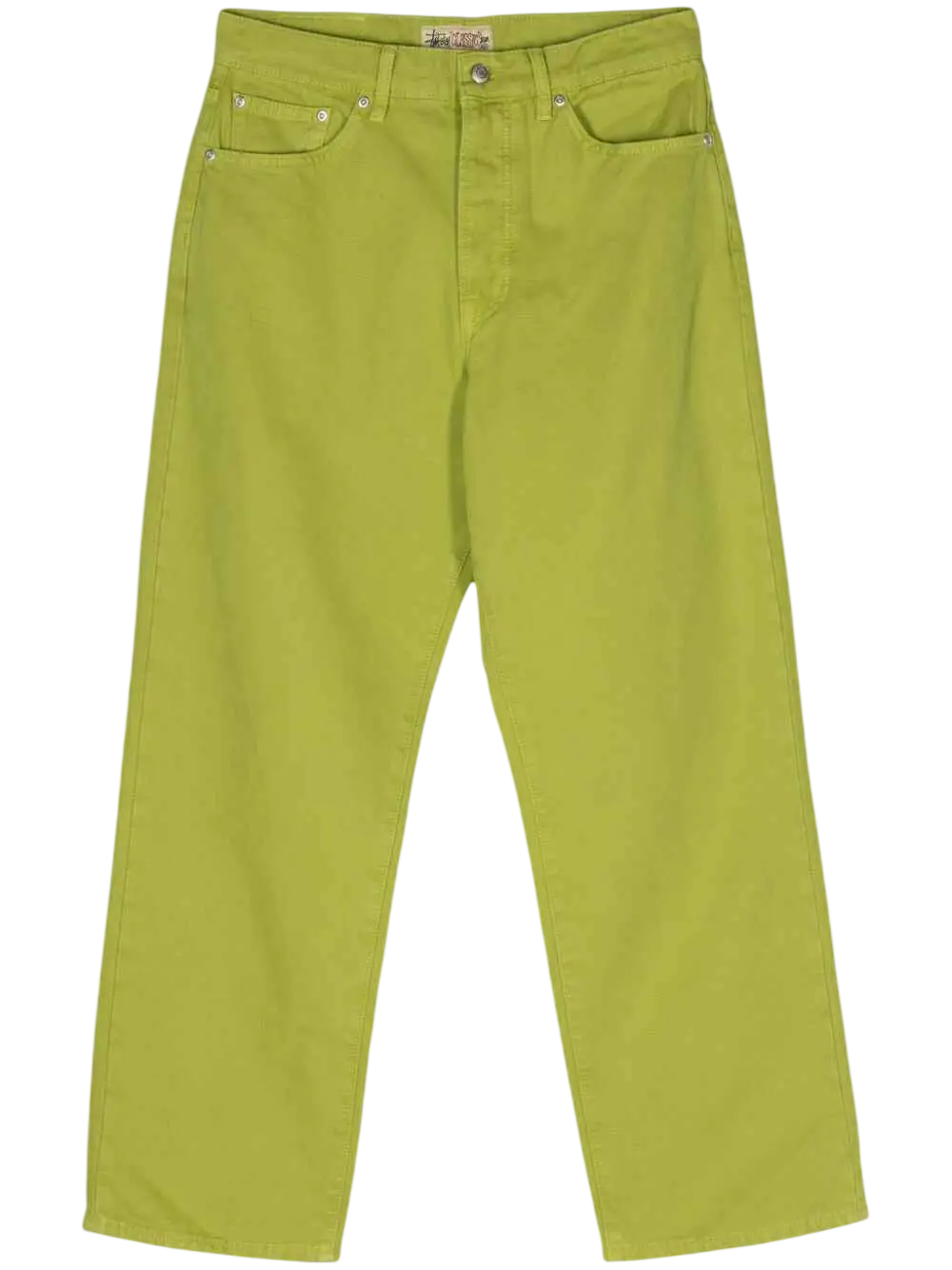 Bright lime green stussy classic jeans in washed canvas cactus with silver hardware and five-pocket design