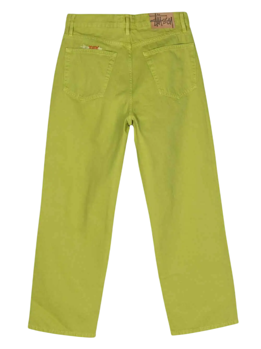 Bright lime green stussy classic jeans in washed canvas cactus with five-pocket design and subtle brand stitching