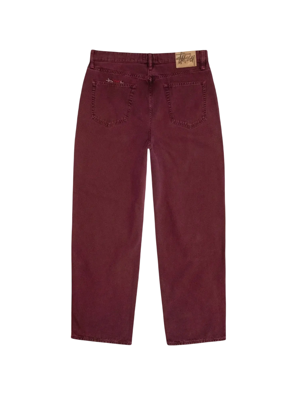 Burgundy stussy classic jeans in washed canvas wine with classic denim texture and subtle stitching details