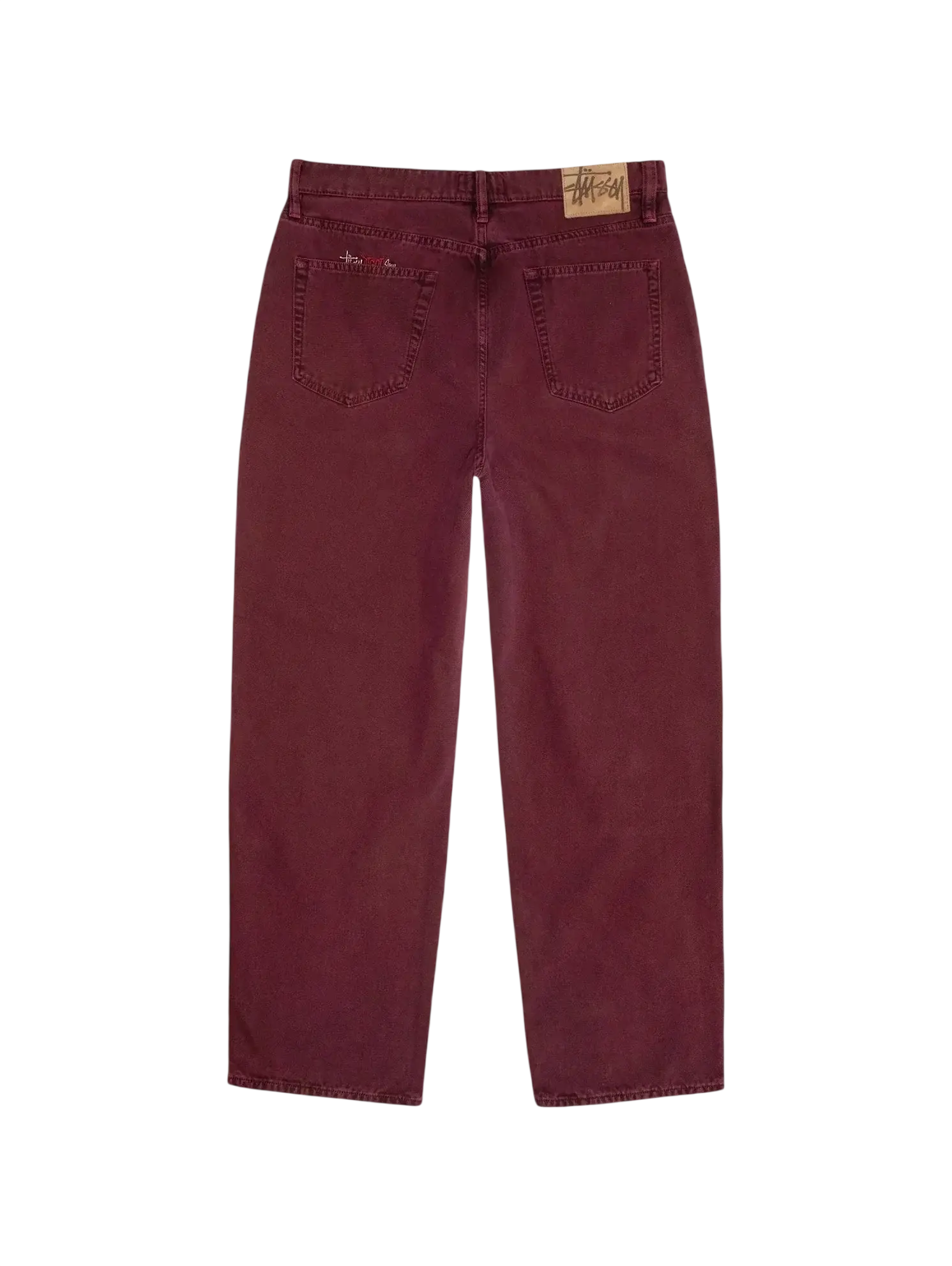 Burgundy stussy classic jeans in washed canvas wine with classic denim texture and subtle stitching details