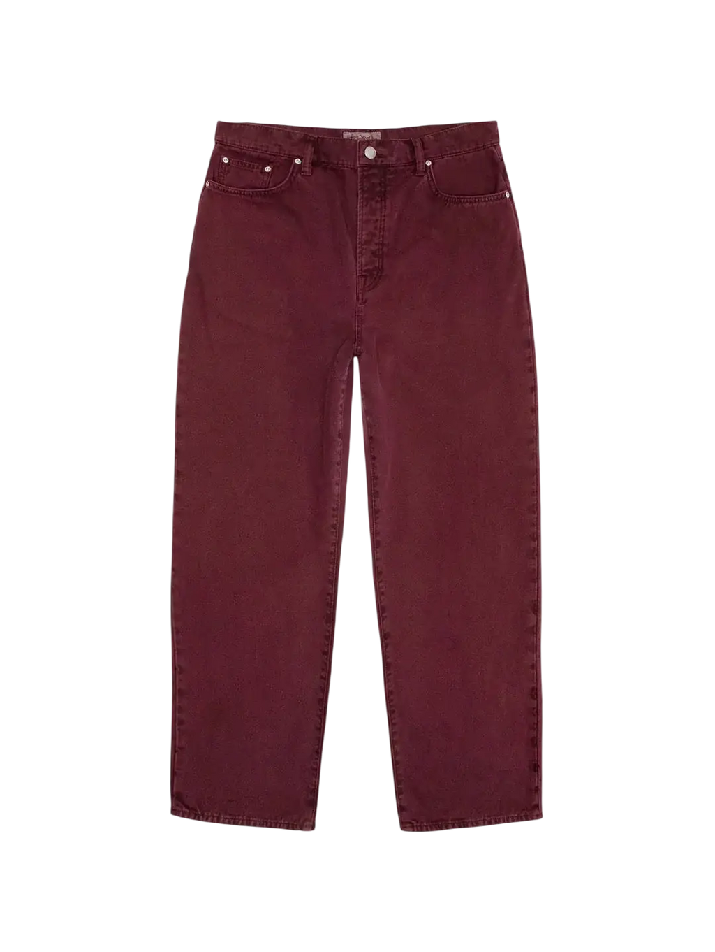 A pair of burgundy high-rise straight-leg stussy classic jeans in washed canvas with five-pocket design and subtle stitching