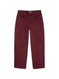 A pair of burgundy high-rise straight-leg stussy classic jeans in washed canvas with five-pocket design and subtle stitching