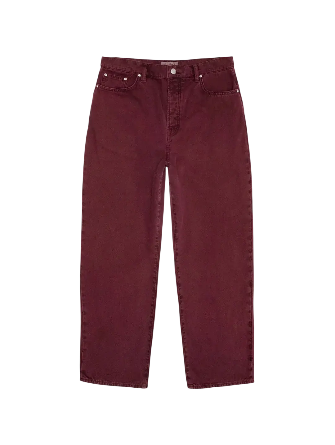 A pair of burgundy high-rise straight-leg stussy classic jeans in washed canvas with five-pocket design and subtle stitching