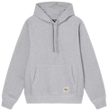 Gray heathered Stussy contrast stitch label hoodie with front kangaroo pocket and ribbed cuffs in cotton blend material