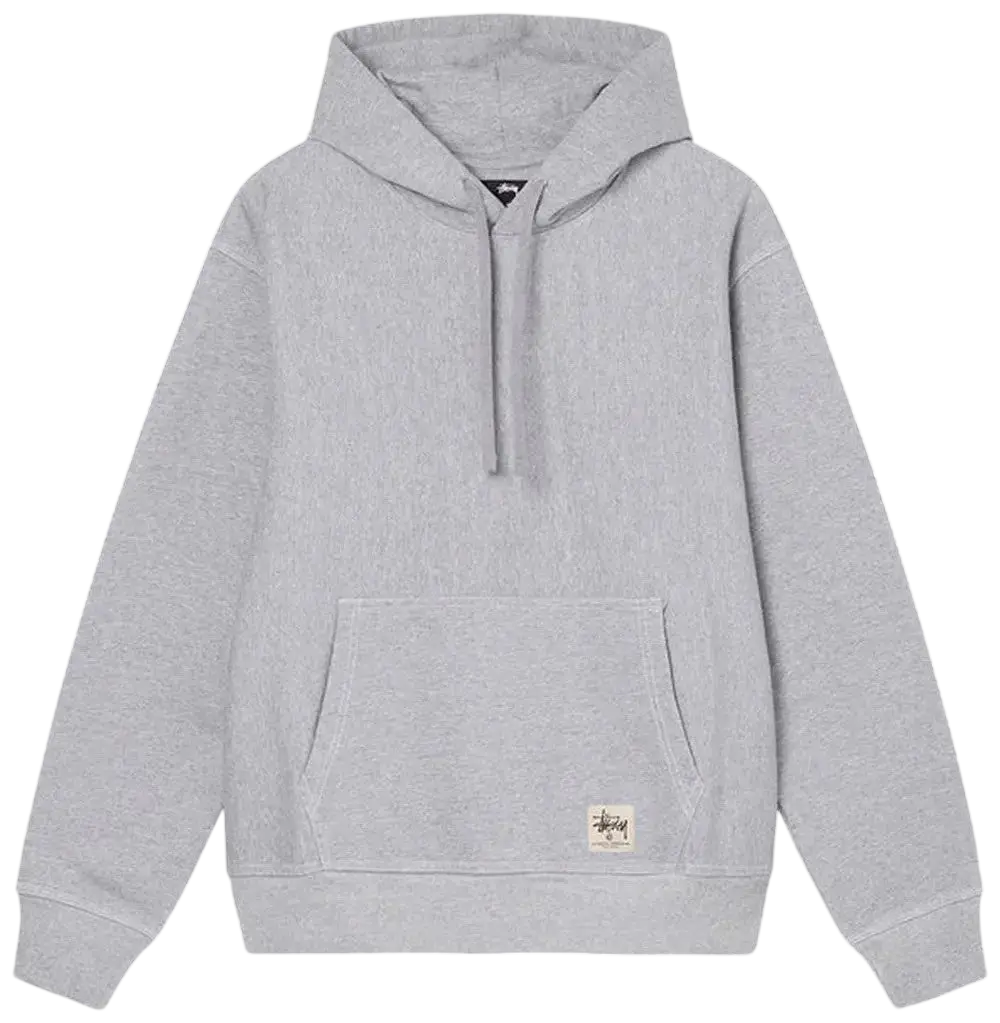Gray heathered Stussy contrast stitch label hoodie with front kangaroo pocket and ribbed cuffs in cotton blend material