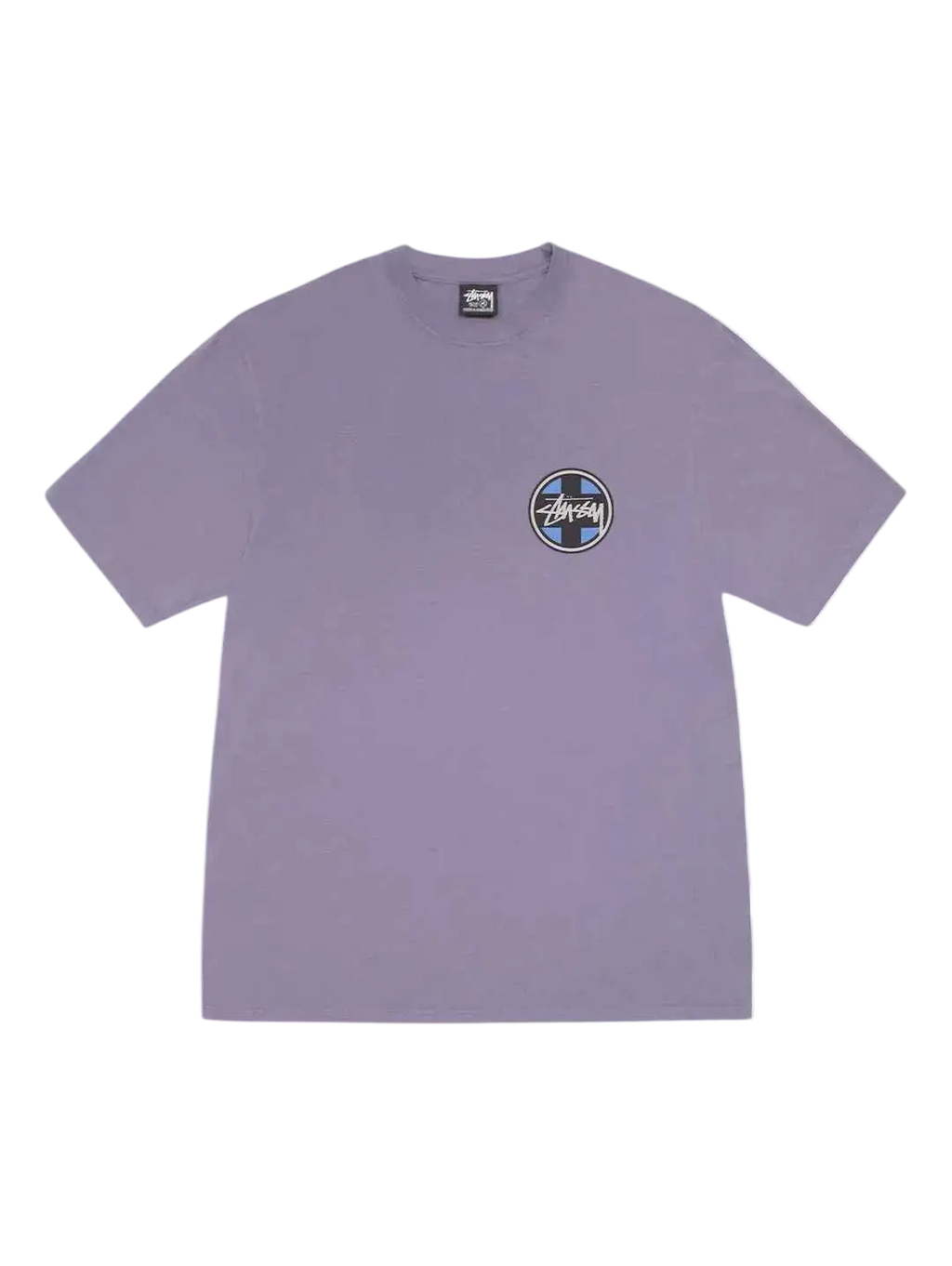 Lavender stussy cross dot pigment dyed tee grape with circular black and blue logo on the chest