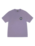 Lavender stussy cross dot pigment dyed tee grape with circular black and blue logo on the chest