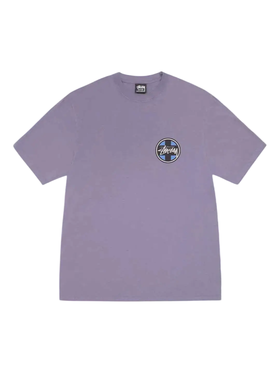 Lavender stussy cross dot pigment dyed tee grape with circular black and blue logo on the chest