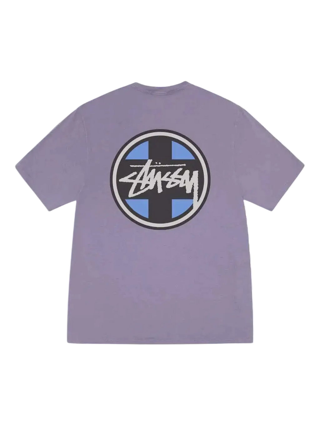 Purple stussy cross dot pigment dyed tee with circular black blue and white logo on front in grape color