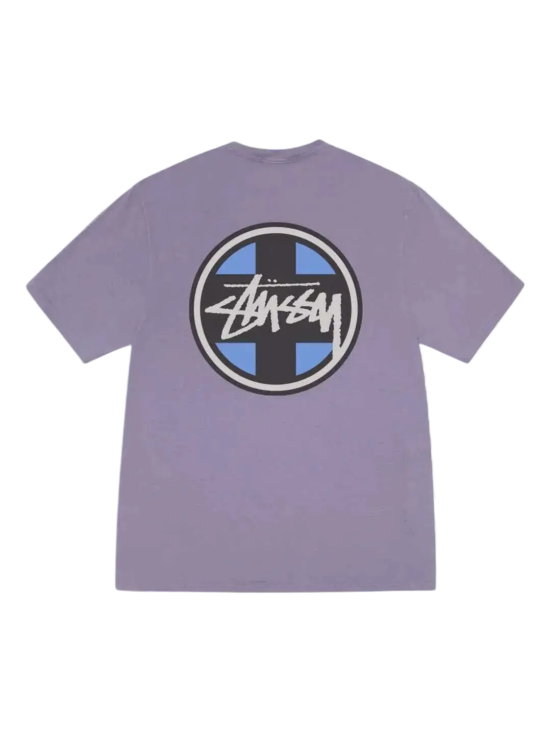 Purple stussy cross dot pigment dyed tee with circular black blue and white logo on front in grape color