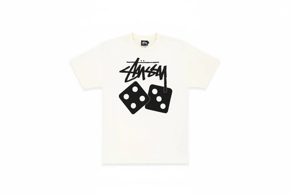 Off-white Stussy dice pigment dyed tee natural with bold black logo graphic and two dice on front