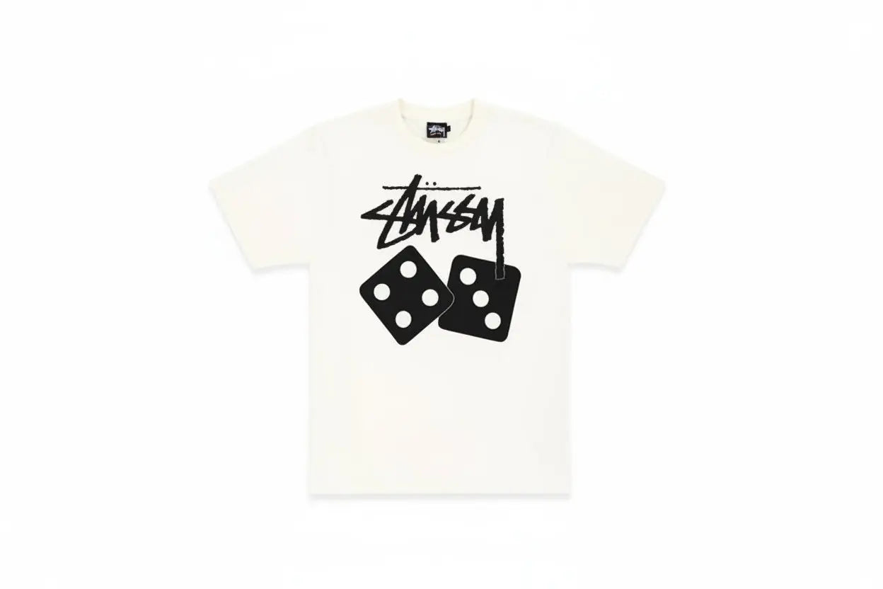 Off-white Stussy dice pigment dyed tee natural with bold black logo graphic and two dice on front