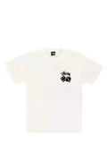 White stussy dice pigment dyed tee natural featuring black dice and signature logo on the chest