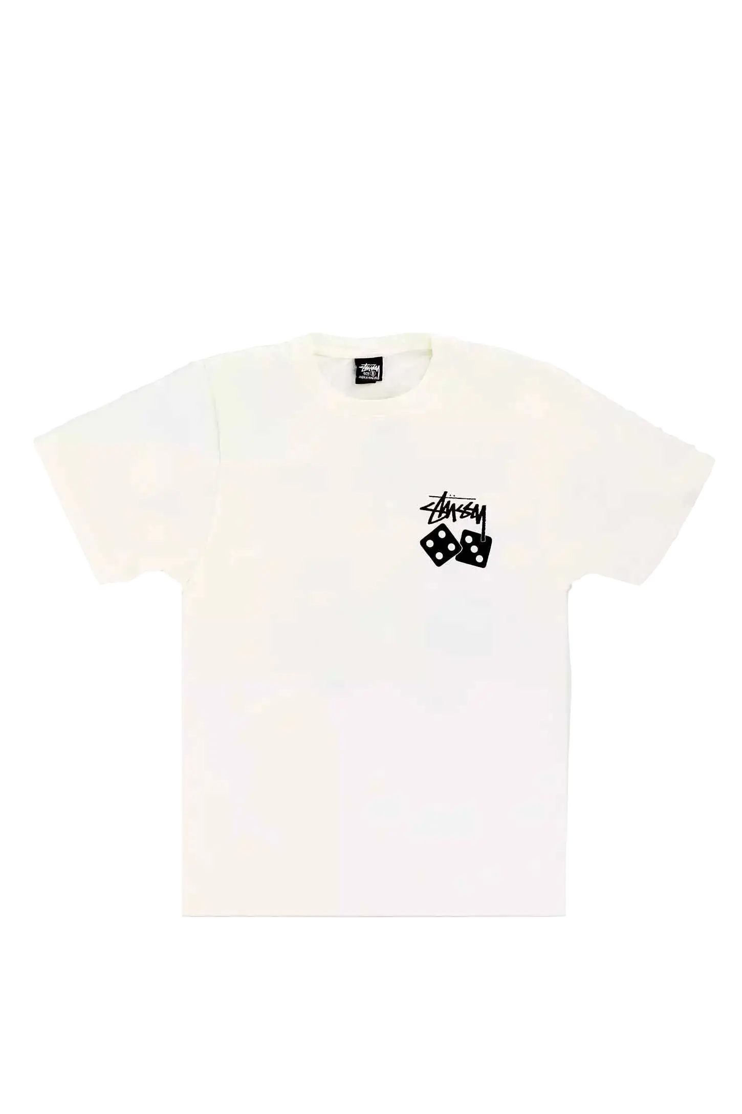 White stussy dice pigment dyed tee natural featuring black dice and signature logo on the chest