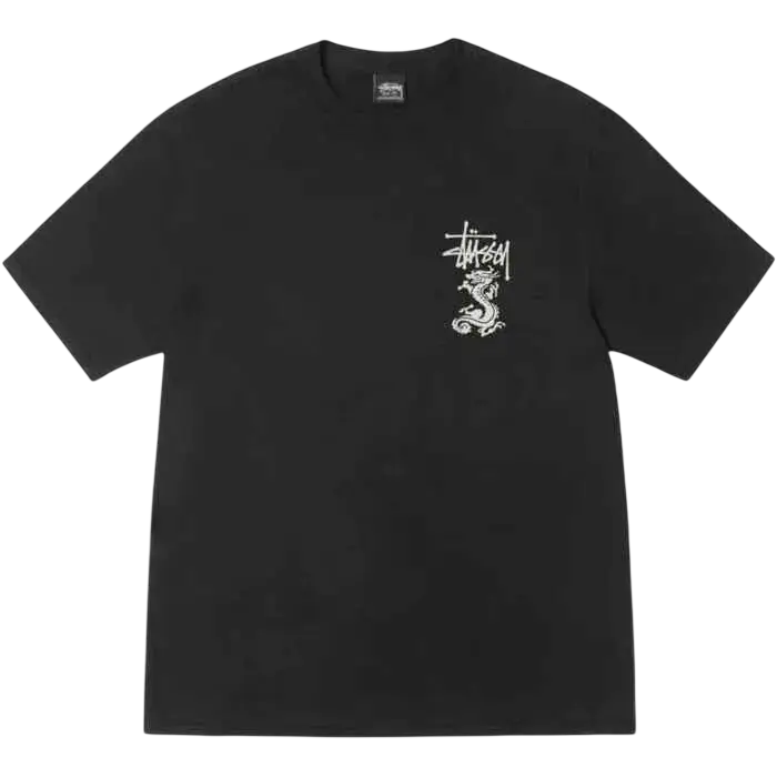 Black stussy double dragon pigment dyed tee featuring a white stylized dragon graphic and logo on front