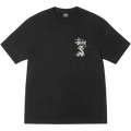 Black stussy double dragon pigment dyed tee featuring a white stylized dragon graphic and logo on front