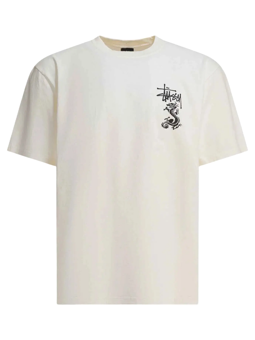 Cream-colored Stussy double dragon pigment dyed tee with black embroidered dragon logo on left chest in natural shade