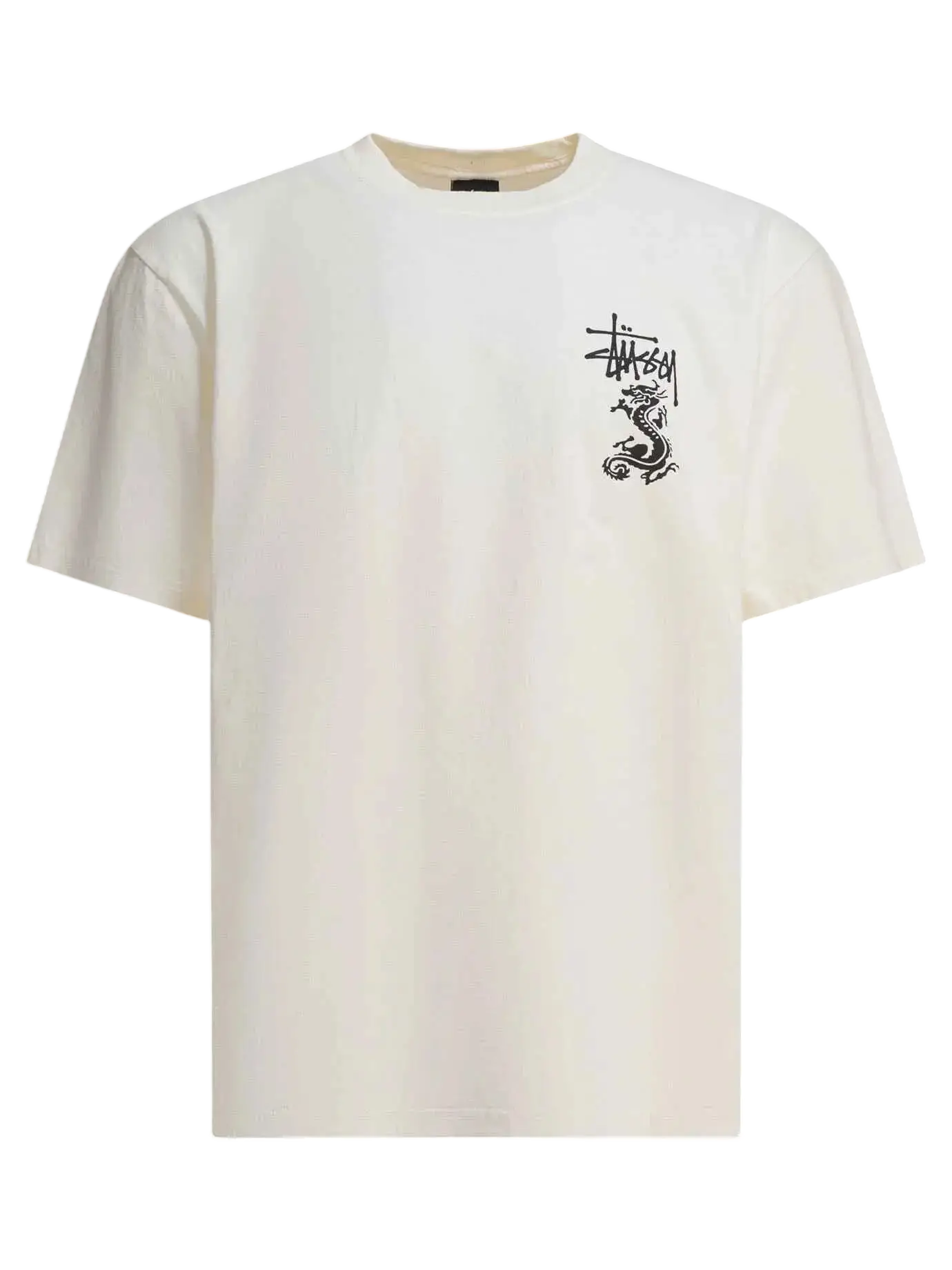 Cream-colored Stussy double dragon pigment dyed tee with black embroidered dragon logo on left chest in natural shade