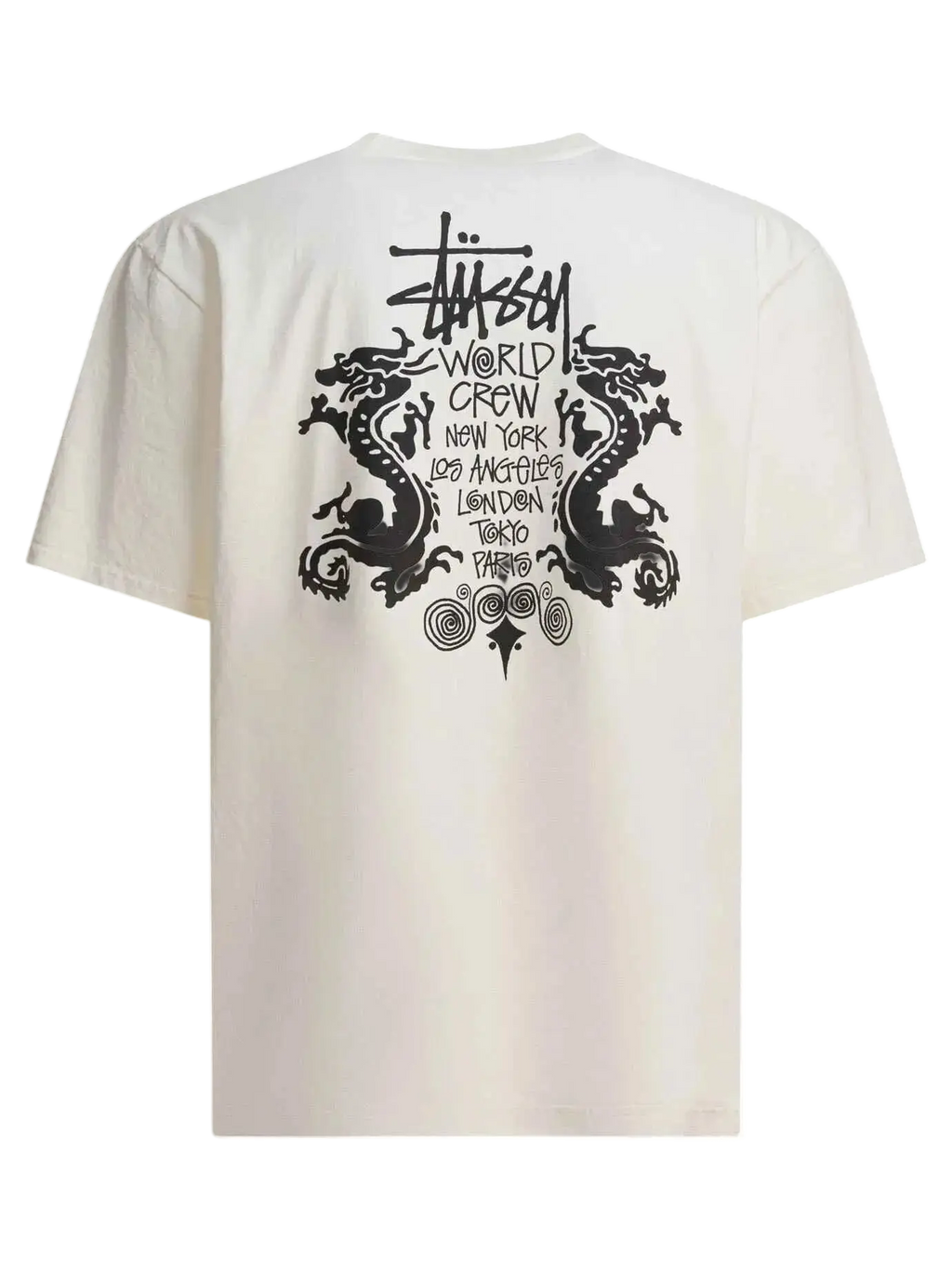 Off-white stussy double dragon pigment dyed tee natural featuring bold black dragon graphic and world crew city names