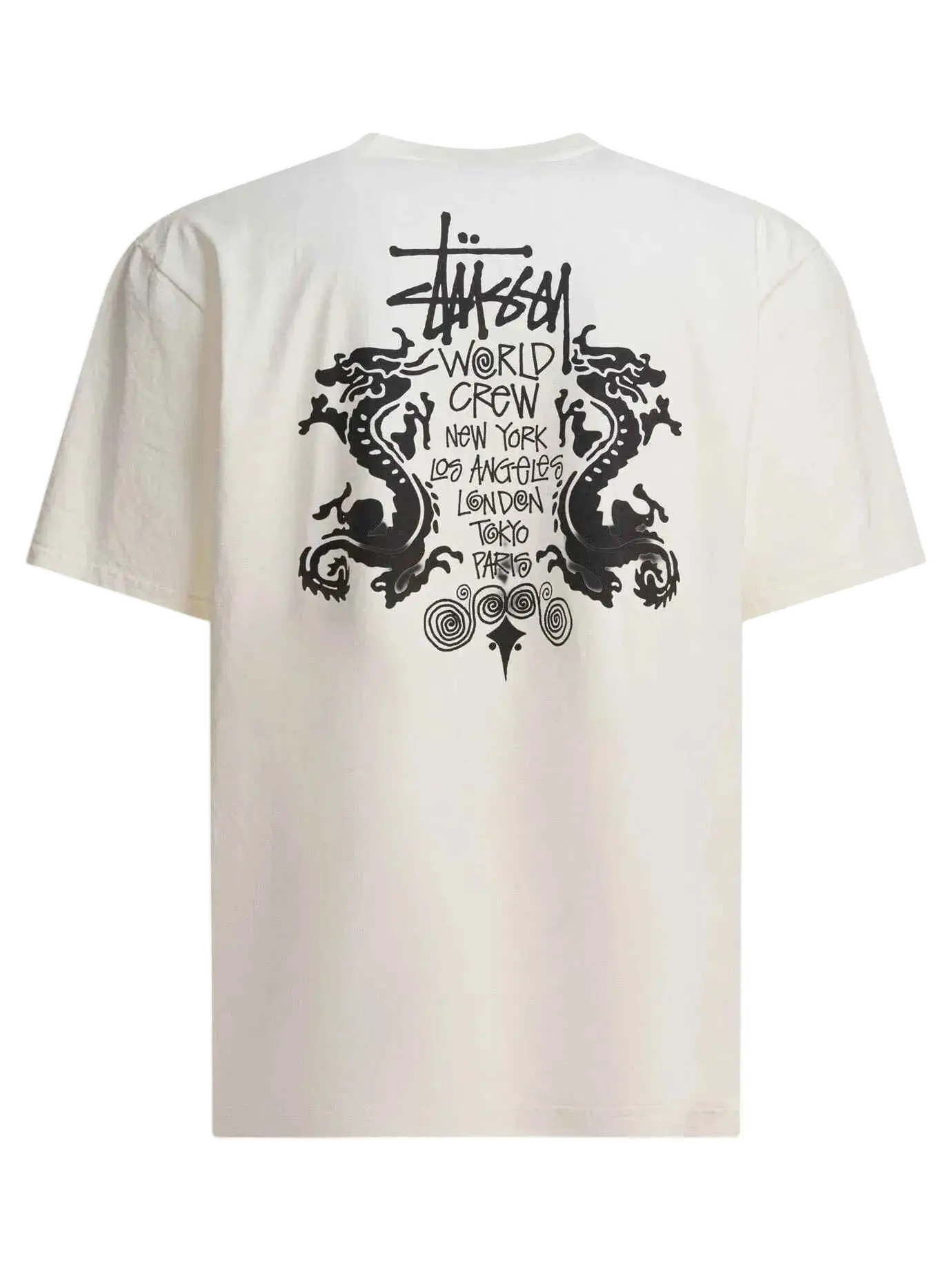 Off-white stussy double dragon pigment dyed tee natural featuring bold black dragon graphic and world crew city names