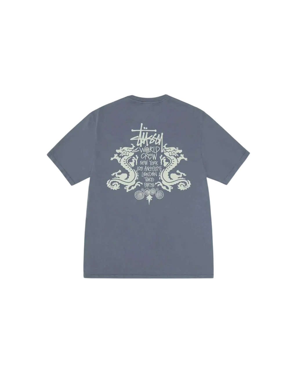 Gray stussy double dragon pigment dyed tee featuring white dragon graphic and world crew text with city names