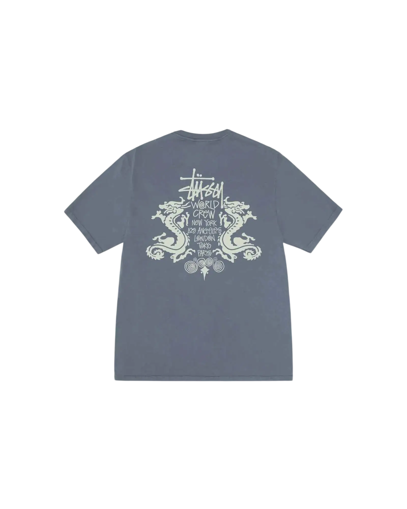 Gray stussy double dragon pigment dyed tee featuring white dragon graphic and world crew text with city names