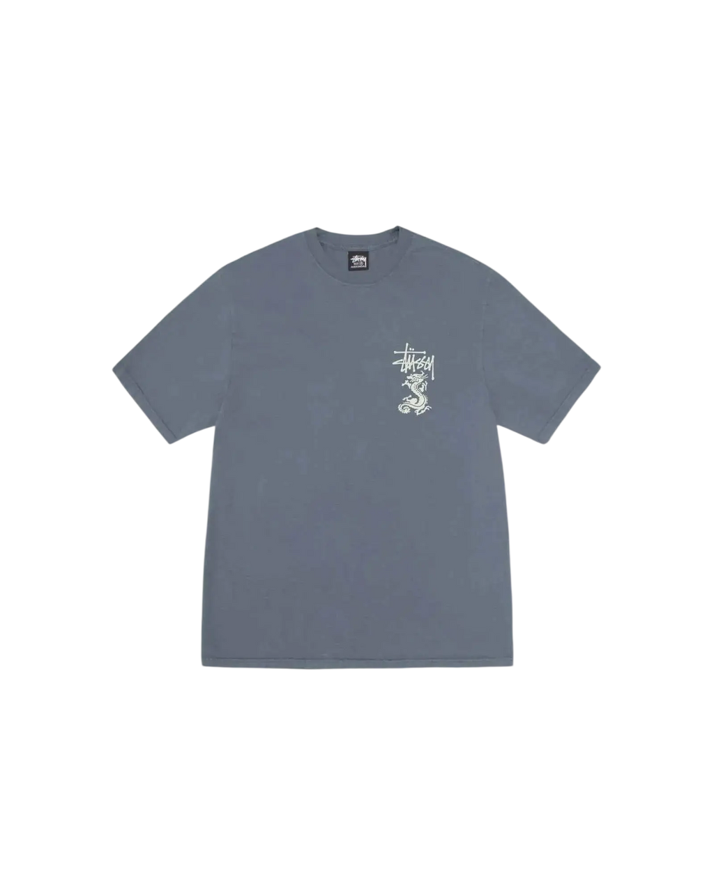 A light blue stussy double dragon pigment dyed tee with a white stylized logo and dragon graphic on the chest