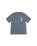 A light blue stussy double dragon pigment dyed tee with a white stylized logo and dragon graphic on the chest