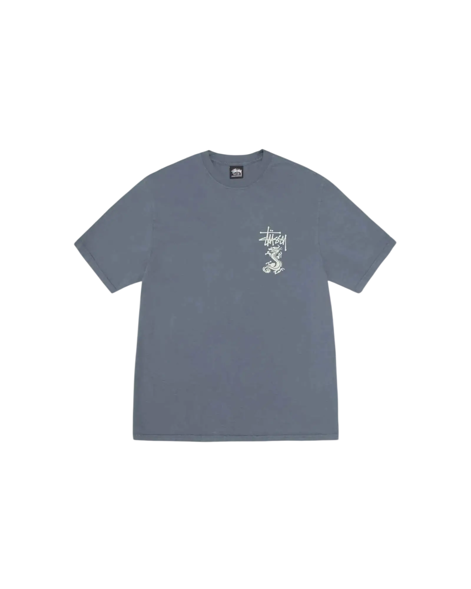 A light blue stussy double dragon pigment dyed tee with a white stylized logo and dragon graphic on the chest