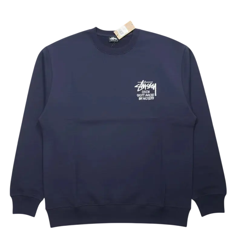 Navy blue stussy dover street market la long sleeve tee with white embroidered logo on the chest