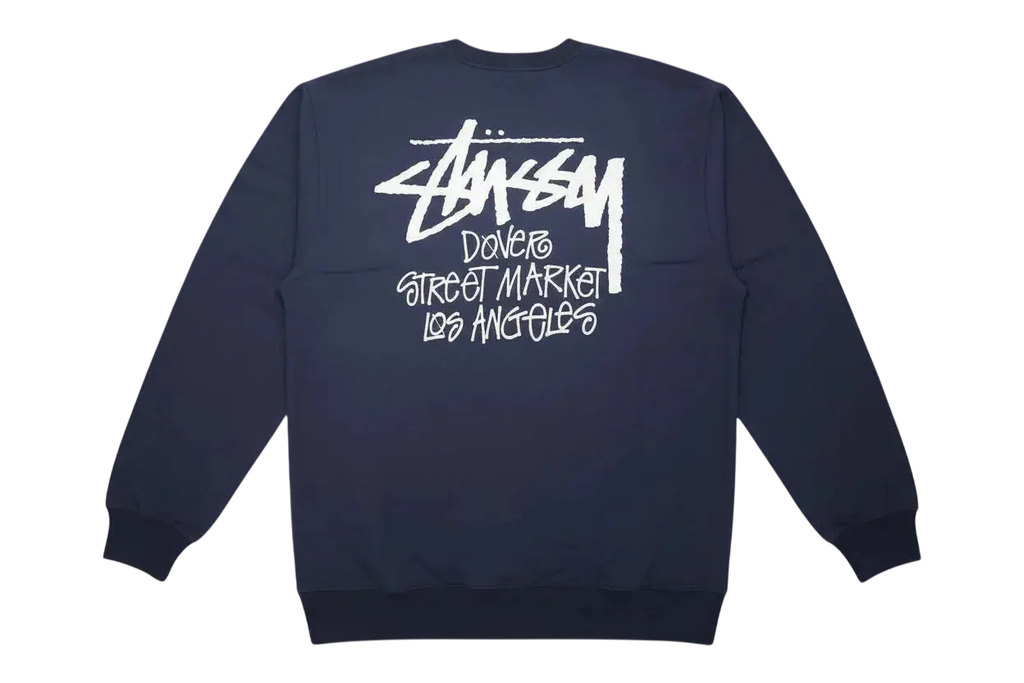 Dark blue stussy long sleeve tee with white graffiti style dover street market los angeles logo on front