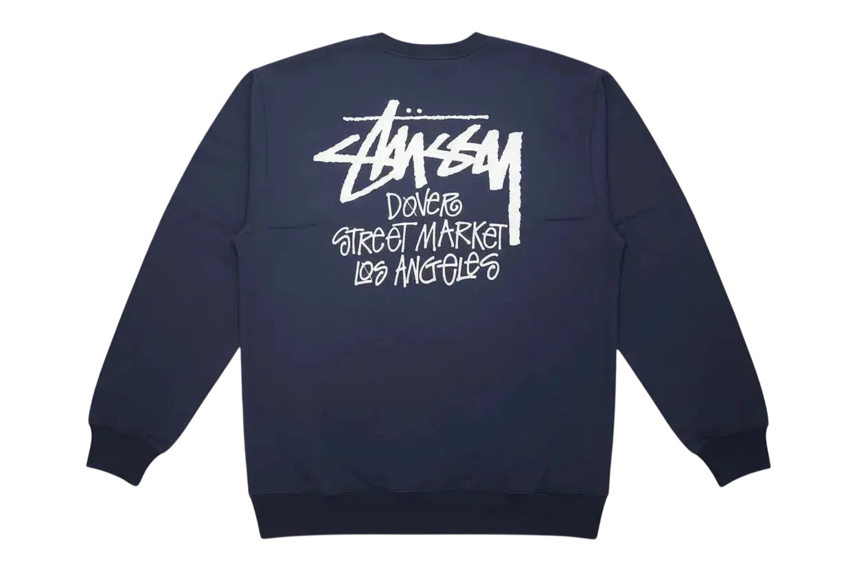 Dark blue stussy long sleeve tee with white graffiti style dover street market los angeles logo on front